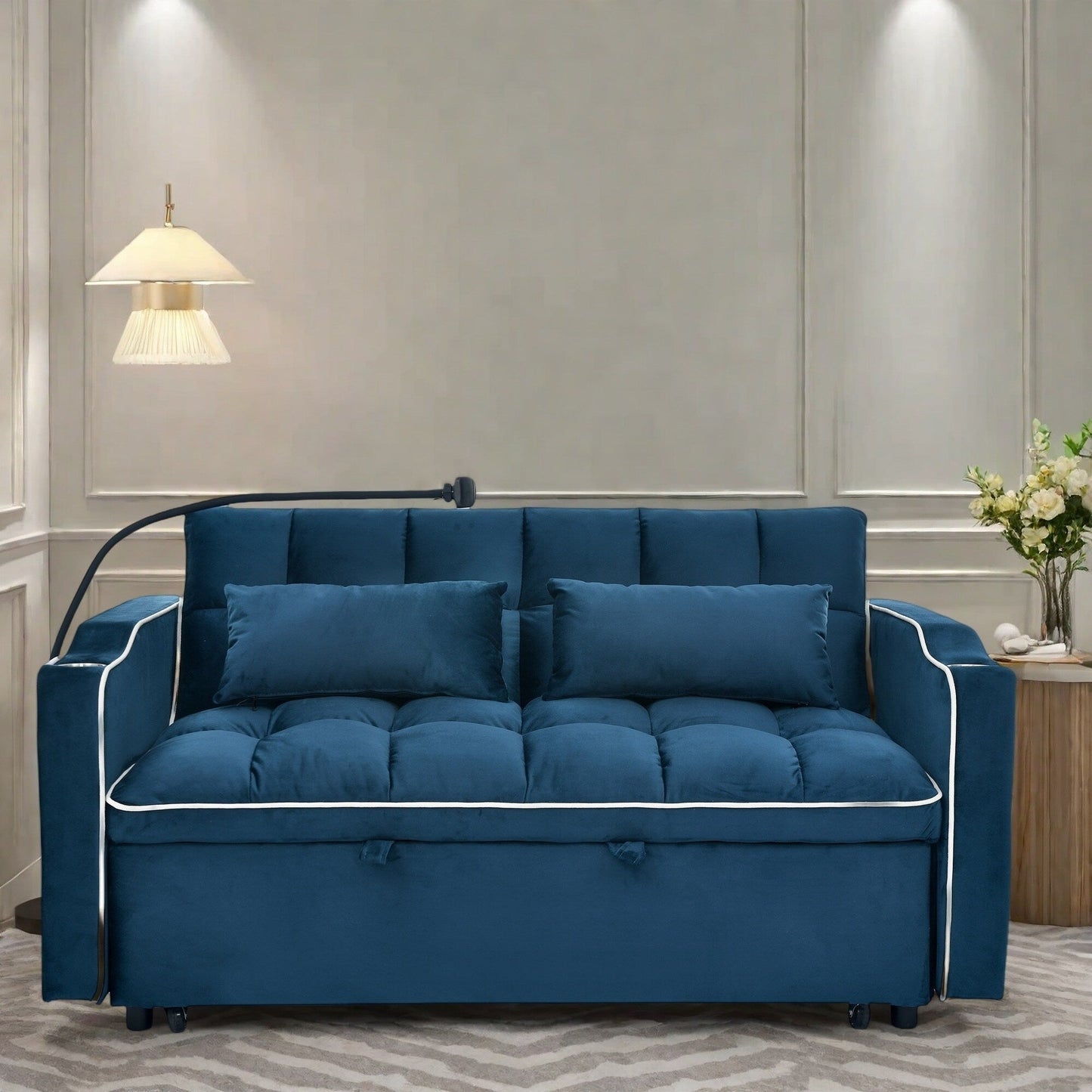 55.5Solid Wood 2-Seat Sofa with USB Charging Ports and Phone Stand,Includes 2 Soft Pillows