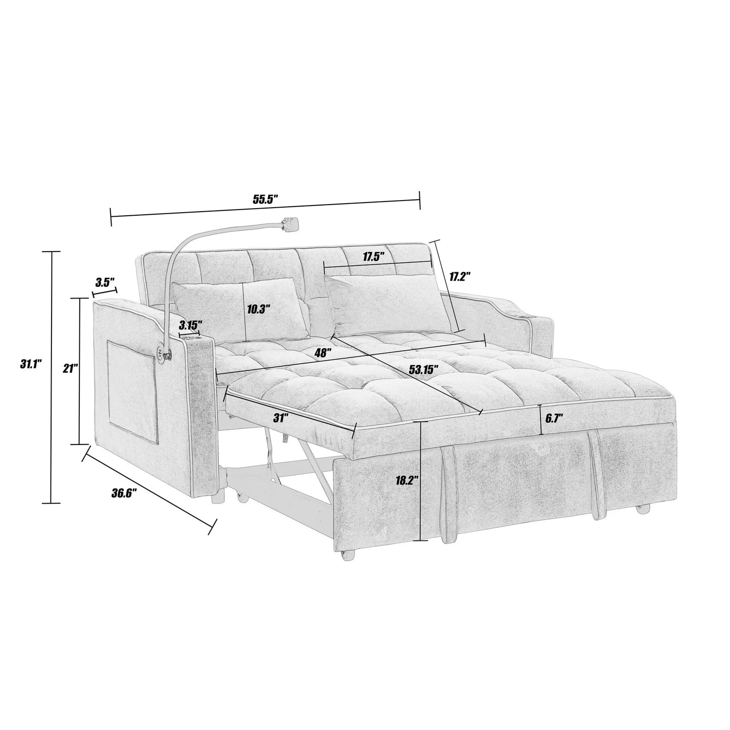 55.5Solid Wood 2-Seat Sofa with USB Charging Ports and Phone Stand,Includes 2 Soft Pillows