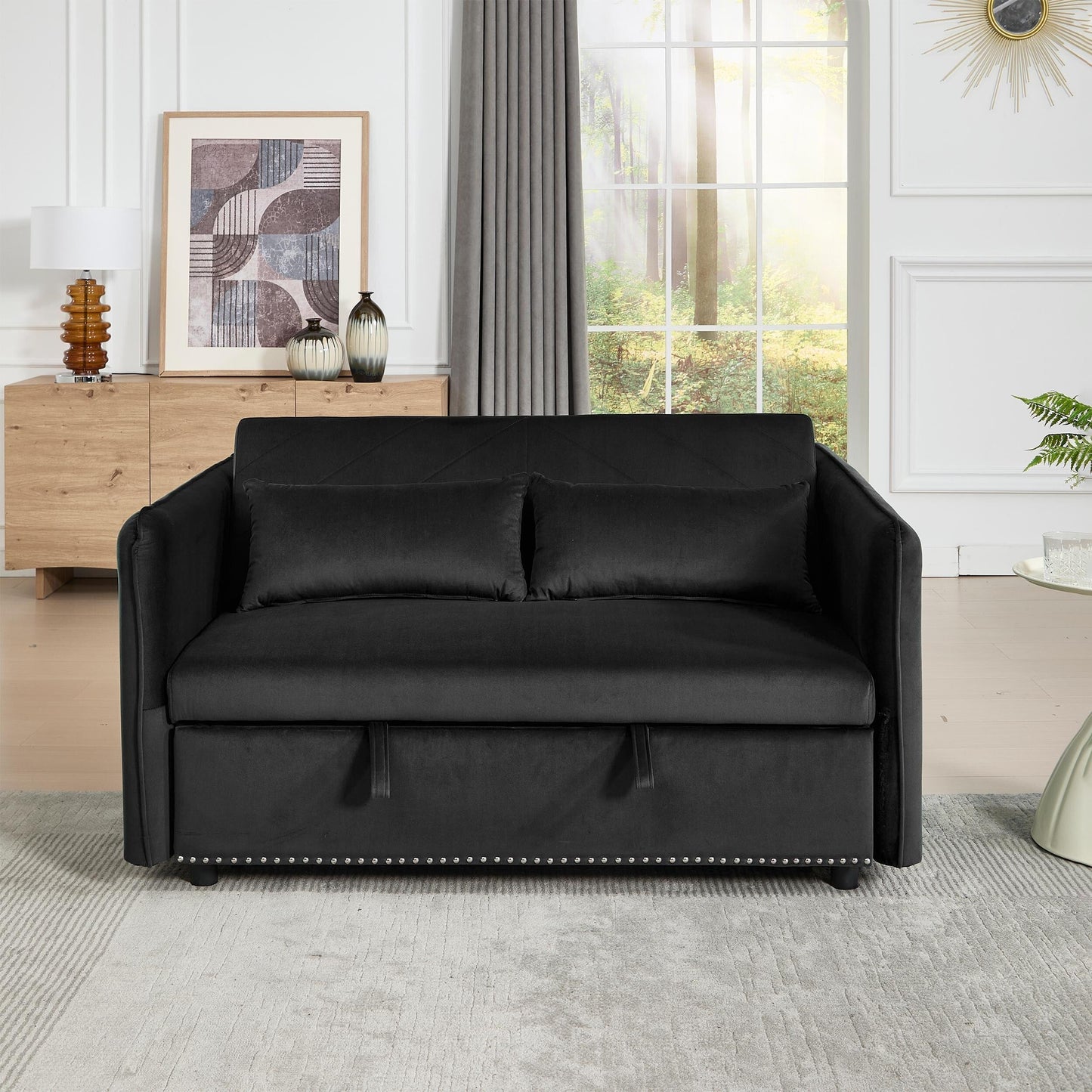 55 3-in-1 Velvet Sleeper Futon Loveseat with 2 Pillows Recline Pockets