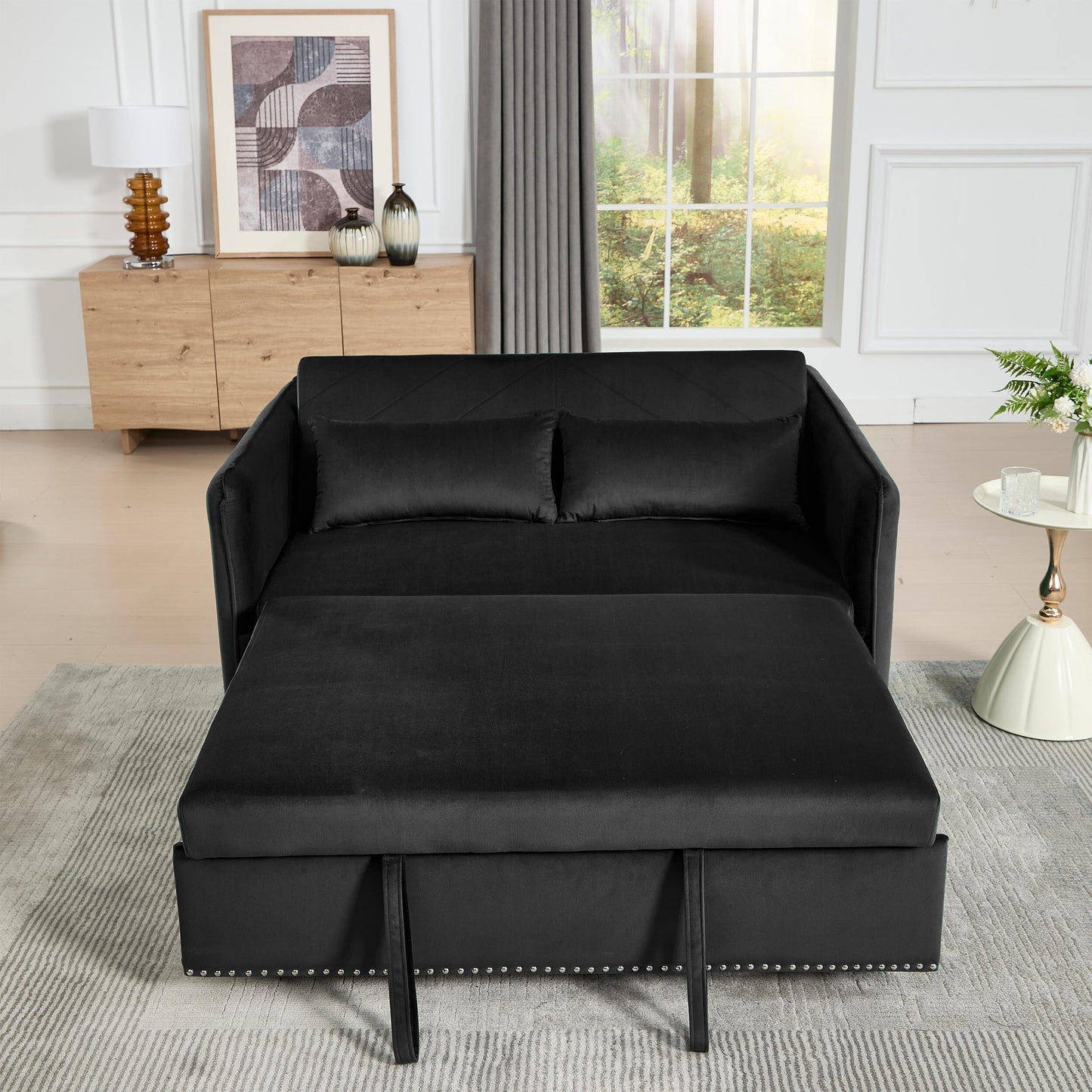 55 3-in-1 Velvet Sleeper Futon Loveseat with 2 Pillows Recline Pockets