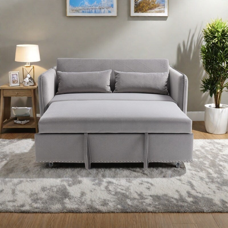 55 Velvet Convertible 3-in-1 Sleeper Sofa Bed with Reclining Backrest, Side Pockets, and 2 Pillows