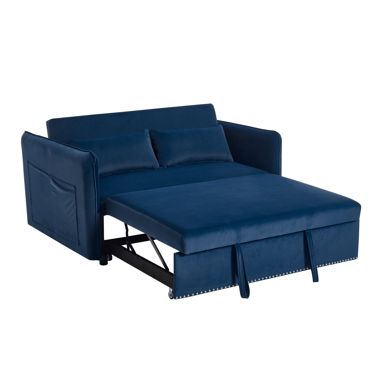 55 Velvet Convertible 3-in-1 Sleeper Sofa Bed with Reclining Backrest, Side Pockets, and 2 Pillows