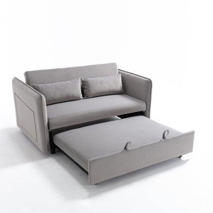 55 Velvet Convertible 3-in-1 Sleeper Sofa Bed with Reclining Backrest, Side Pockets, and 2 Pillows