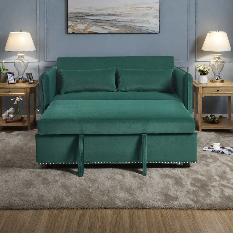 55 Velvet Convertible 3-in-1 Sleeper Sofa Bed with Reclining Backrest, Side Pockets, and 2 Pillows