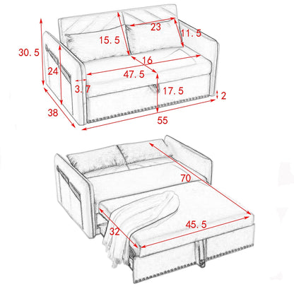 55 Velvet Convertible 3-in-1 Sleeper Sofa Bed with Reclining Backrest, Side Pockets, and 2 Pillows