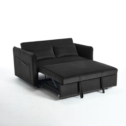 55 Velvet Convertible 3-in-1 Sleeper Sofa Bed with Reclining Backrest, Side Pockets, and 2 Pillows