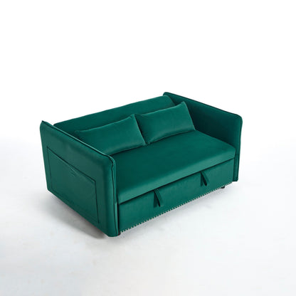 55 Velvet Convertible 3-in-1 Sleeper Sofa Bed with Reclining Backrest, Side Pockets, and 2 Pillows