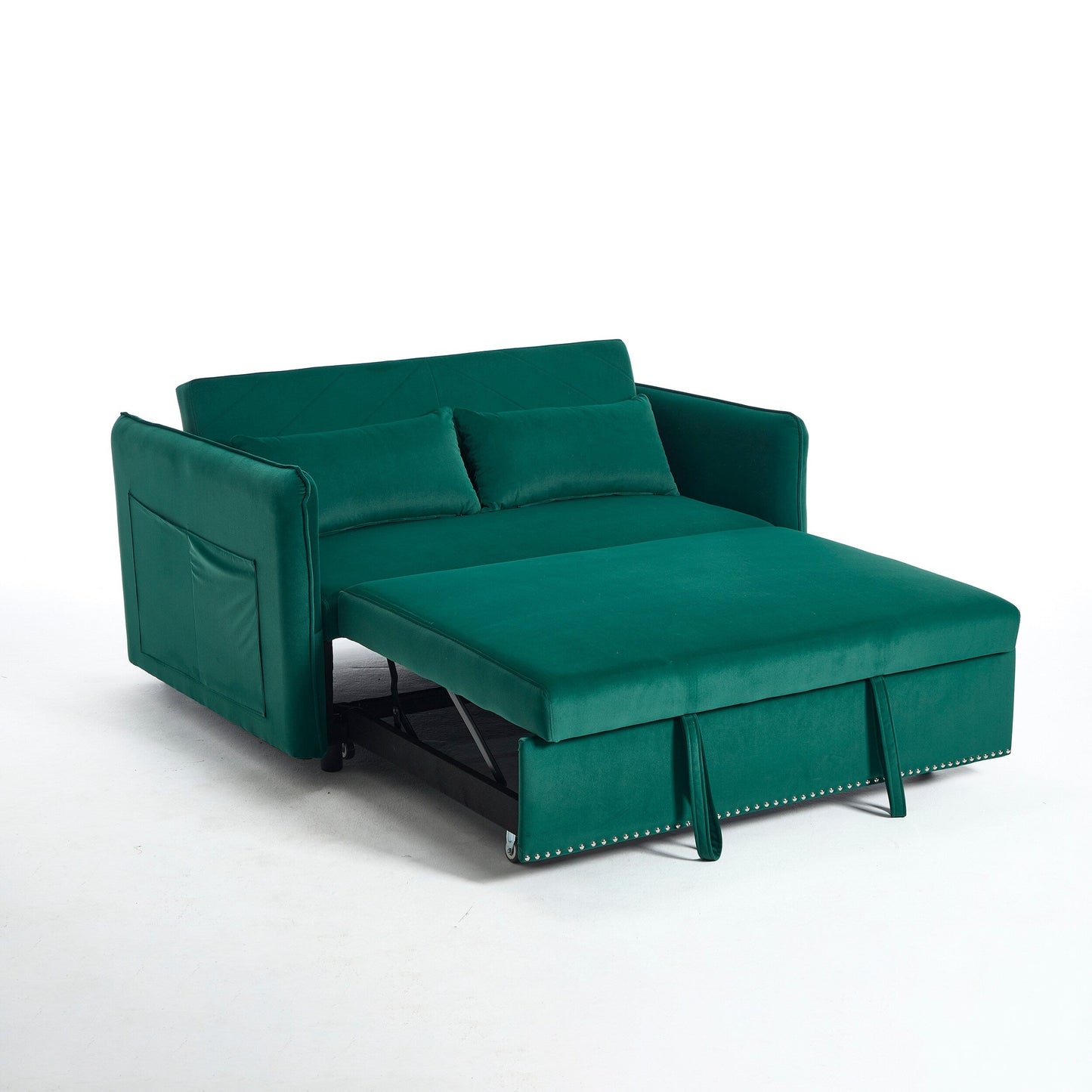 55 Velvet Convertible 3-in-1 Sleeper Sofa Bed with Reclining Backrest, Side Pockets, and 2 Pillows