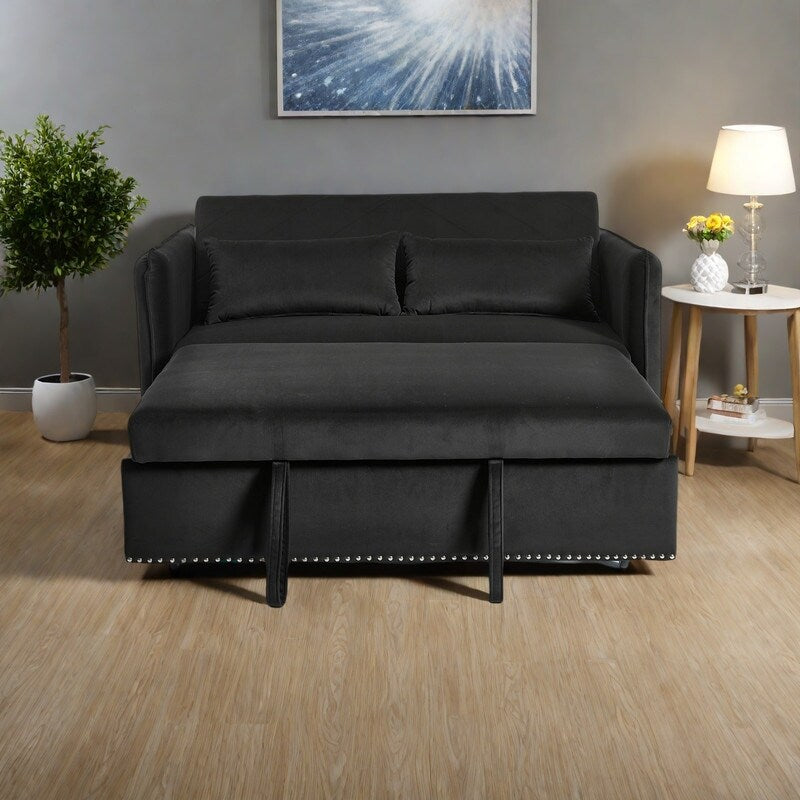 55 Velvet Convertible 3-in-1 Sleeper Sofa Bed with Reclining Backrest, Side Pockets, and 2 Pillows