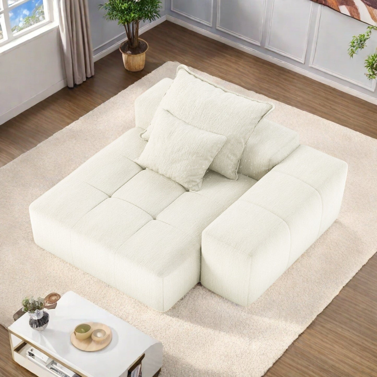 56.7 Foam 2-Seater Sofa Block Sofa with 2 Pillows for Living Room and Bedroom