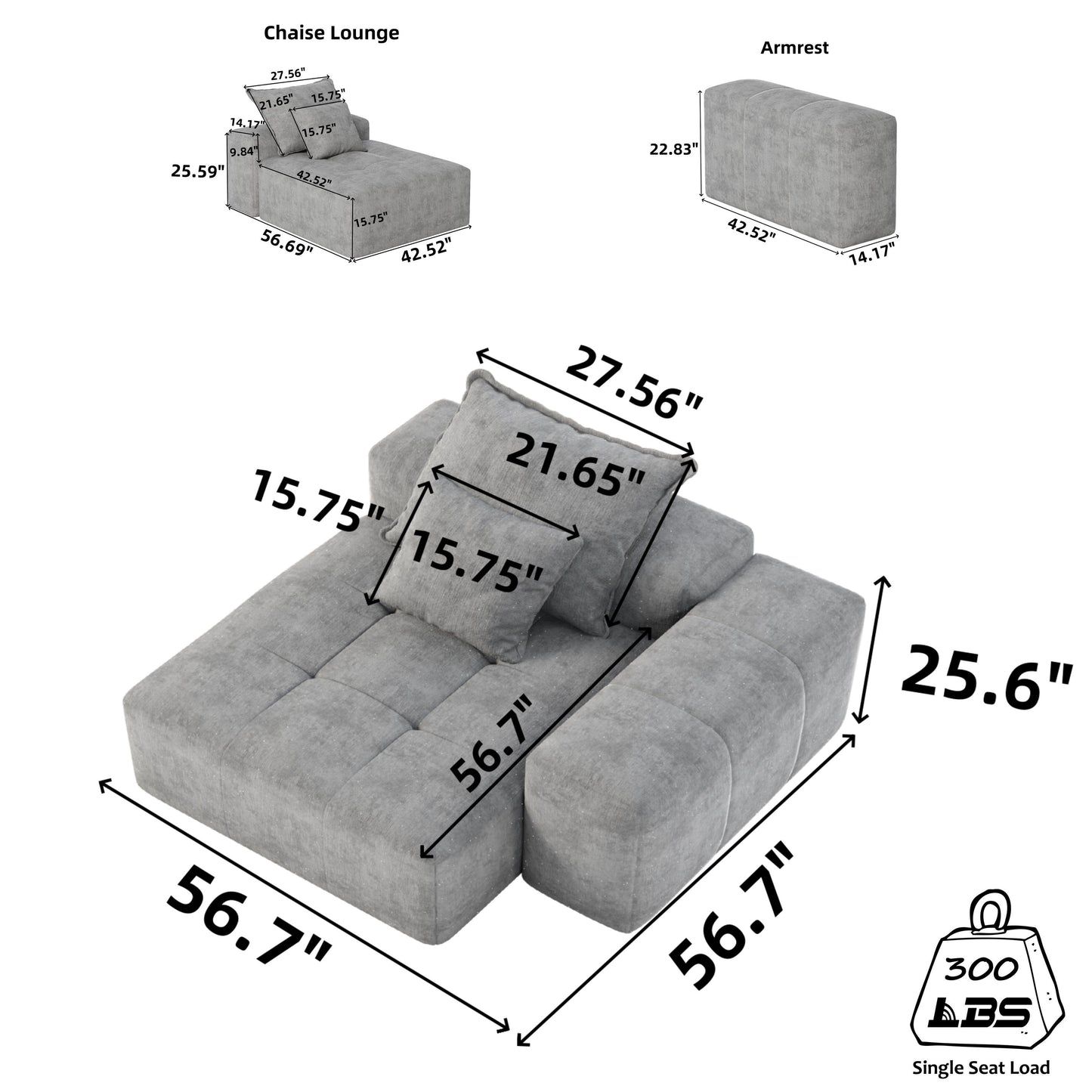 56.7 Foam 2-Seater Sofa Block Sofa with 2 Pillows for Living Room and Bedroom