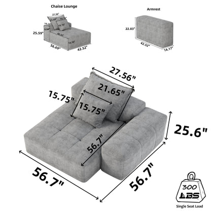 56.7 Foam 2-Seater Sofa Block Sofa with 2 Pillows for Living Room and Bedroom