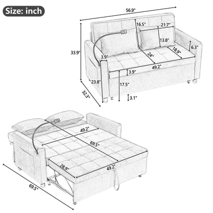 56.9 W Chenille Sleeper Sofa with USB Ports Pull-out Sofa Bed