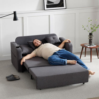 56 3-in-1 Convertible Sofa Bed - Pull Out Sleeper Loveseat with Cup Holders & USB Ports, Dark Grey Couch for Living Room