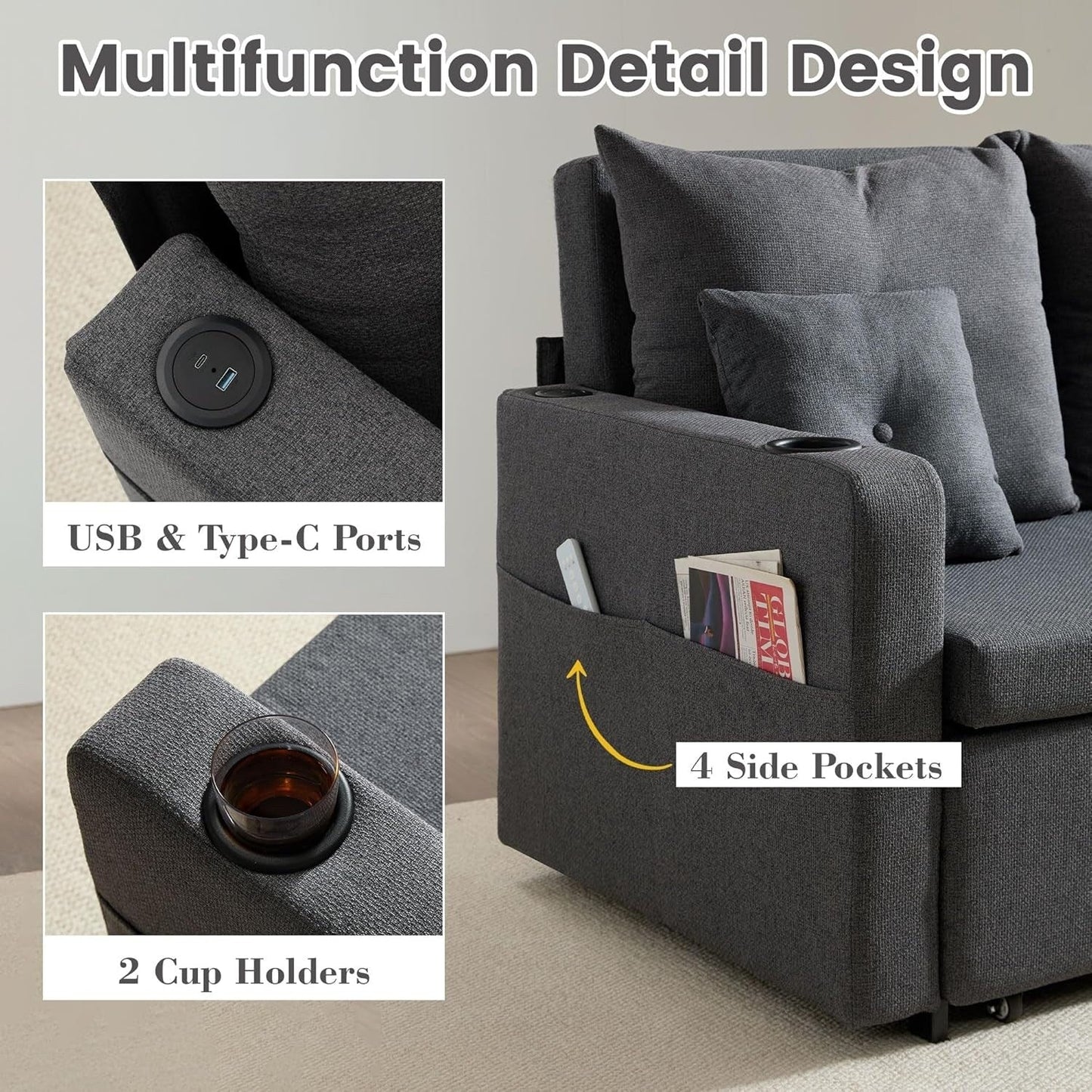 56 3-in-1 Convertible Sofa Bed - Pull Out Sleeper Loveseat with Cup Holders & USB Ports, Dark Grey Couch for Living Room