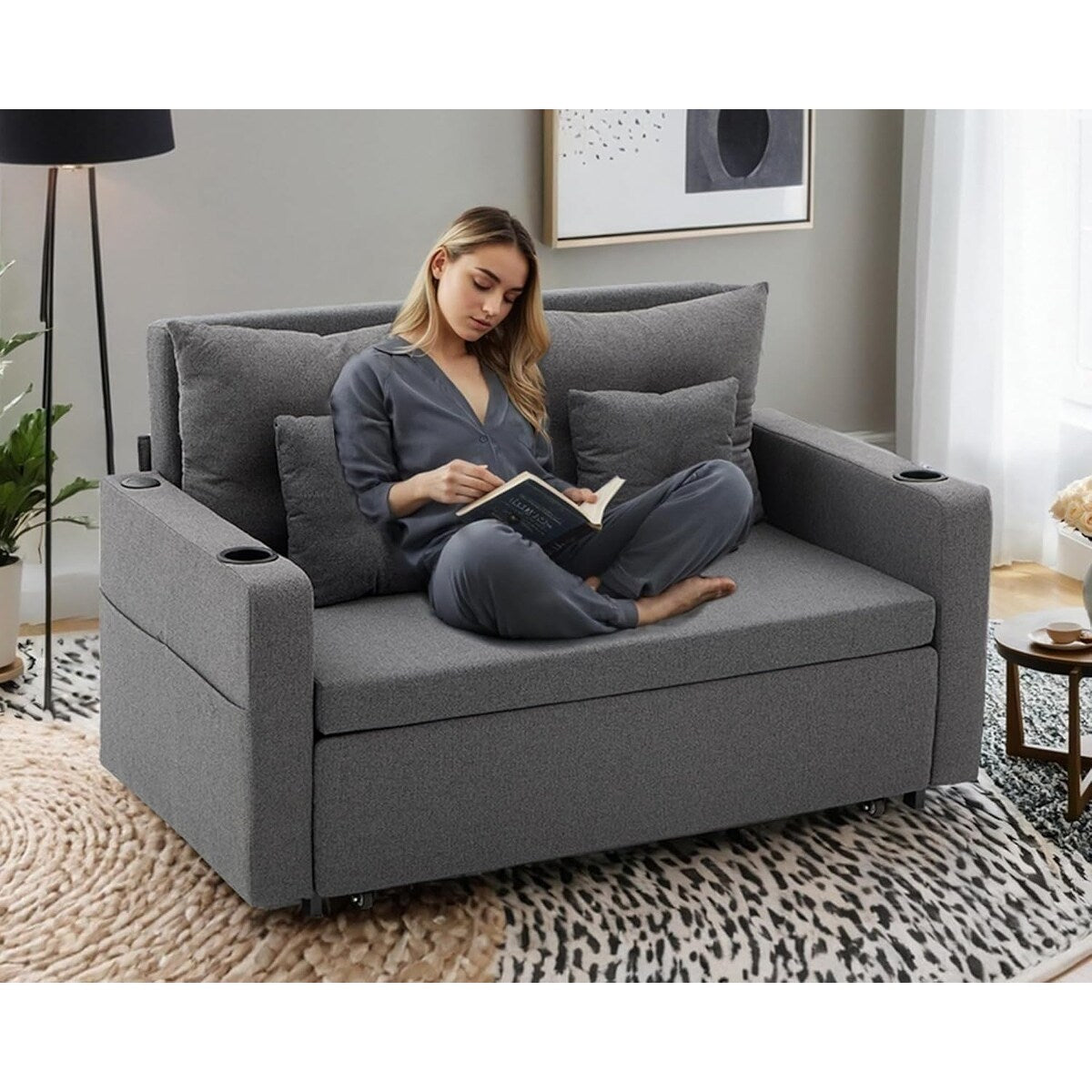 56 3-in-1 Convertible Sofa Bed - Pull Out Sleeper Loveseat with Cup Holders & USB Ports, Dark Grey Couch for Living Room