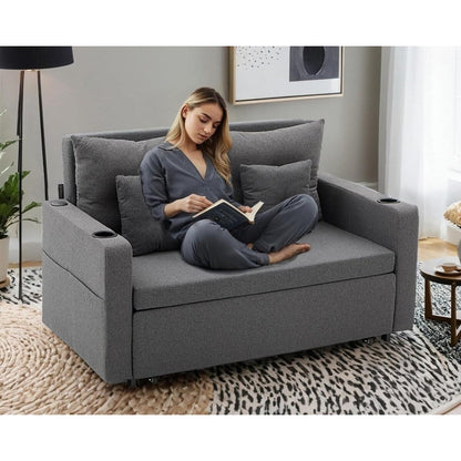 56 3-in-1 Convertible Sofa Bed - Pull Out Sleeper Loveseat with Cup Holders & USB Ports, Dark Grey Couch for Living Room
