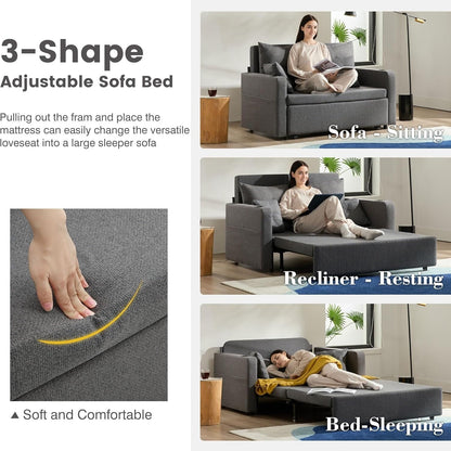 56 3-in-1 Convertible Sofa Bed - Pull Out Sleeper Loveseat with Cup Holders & USB Ports, Dark Grey Couch for Living Room