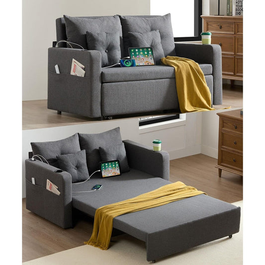 56 3-in-1 Convertible Sofa Bed - Pull Out Sleeper Loveseat with Cup Holders & USB Ports, Dark Grey Couch for Living Room