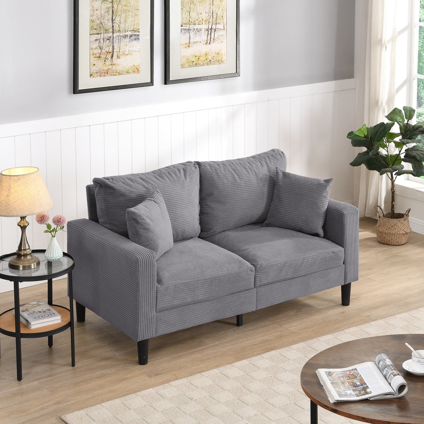57 inch High Resilience Loveseat Wooden Frame 2 Seat Comfy Small Space Modern Upholstered Light Gray