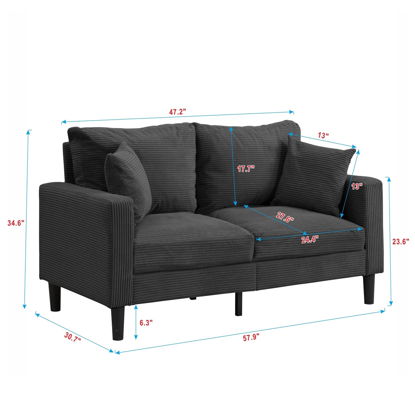 57.9 Corduroy Loveseat Sofa with Wooden Frame, High-Resilience Sponge, and Space-Saving Design