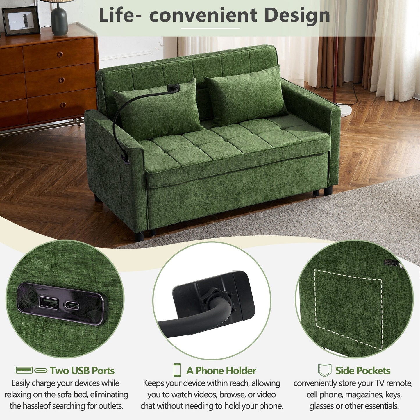 57 Convertible Sleeper Loveseat - Space-Saving Sofa Bed with USB Charging Hub, Reversible Backrest & Smart Storage Solutions