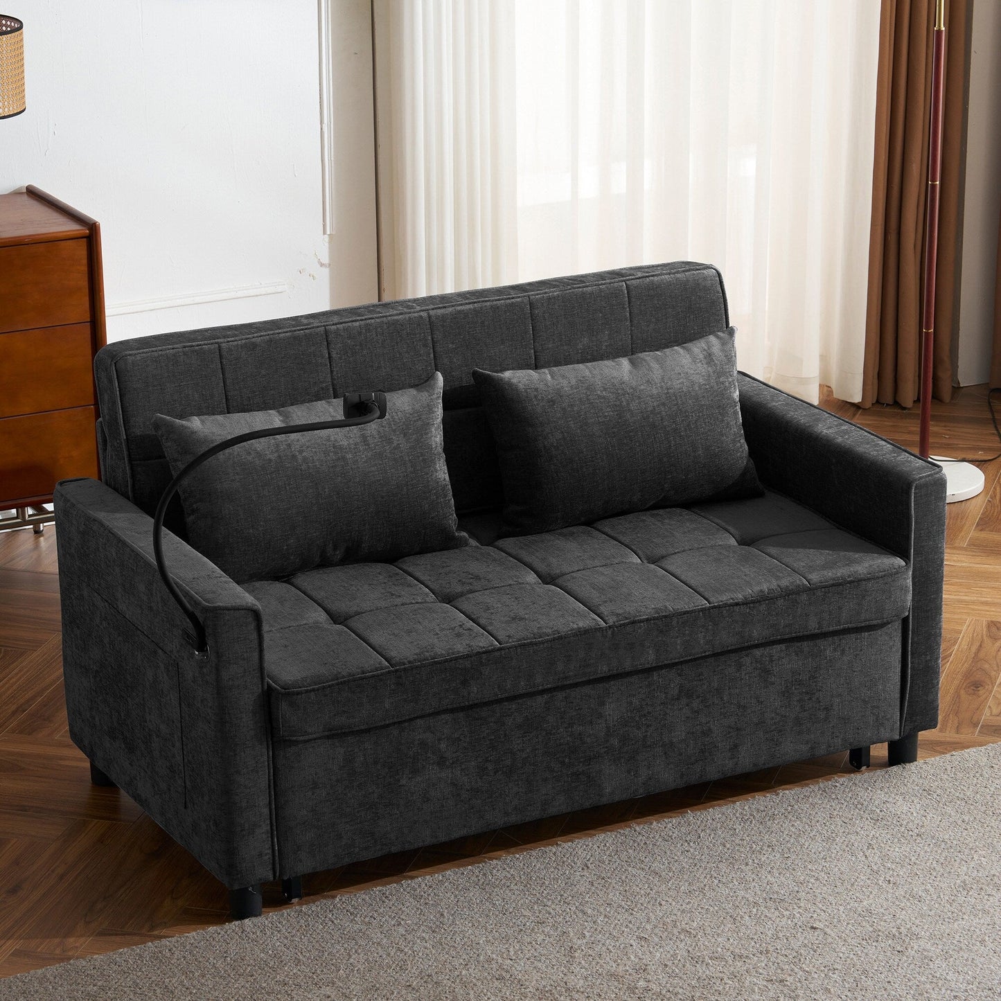 57 Convertible Sleeper Loveseat - Space-Saving Sofa Bed with USB Charging Hub, Reversible Backrest & Smart Storage Solutions