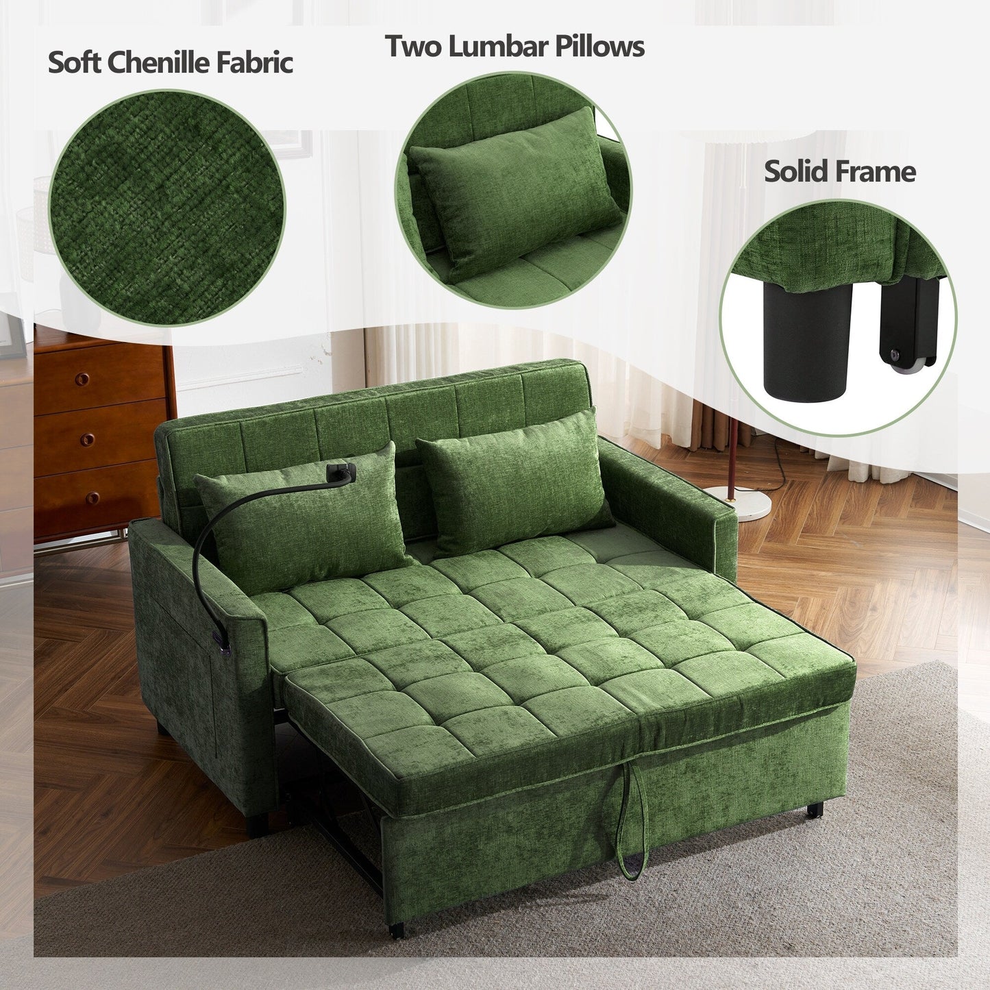 57 Convertible Sleeper Loveseat - Space-Saving Sofa Bed with USB Charging Hub, Reversible Backrest & Smart Storage Solutions