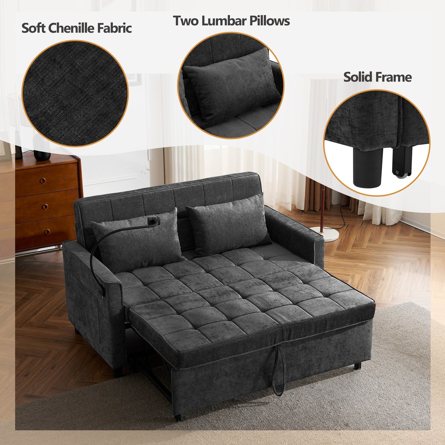 57 Convertible Sleeper Loveseat - Space-Saving Sofa Bed with USB Charging Hub, Reversible Backrest & Smart Storage Solutions