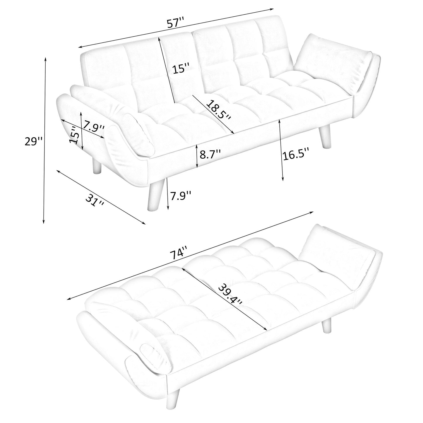 57 Velvet 2 Seater Convertible Sofa with Adjustable Backrest and Armrests for Compact Living Spaces