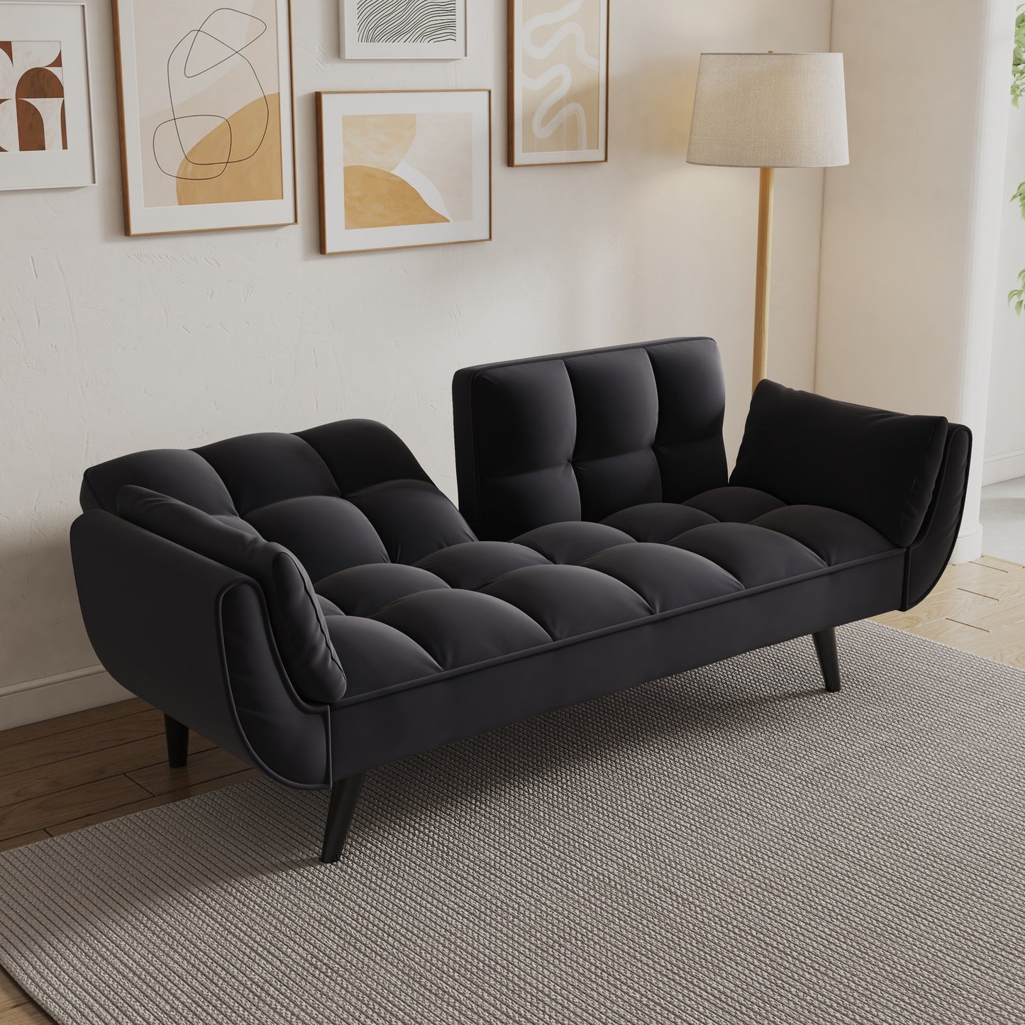 57 Velvet 2 Seater Convertible Sofa with Adjustable Backrest and Armrests for Compact Living Spaces