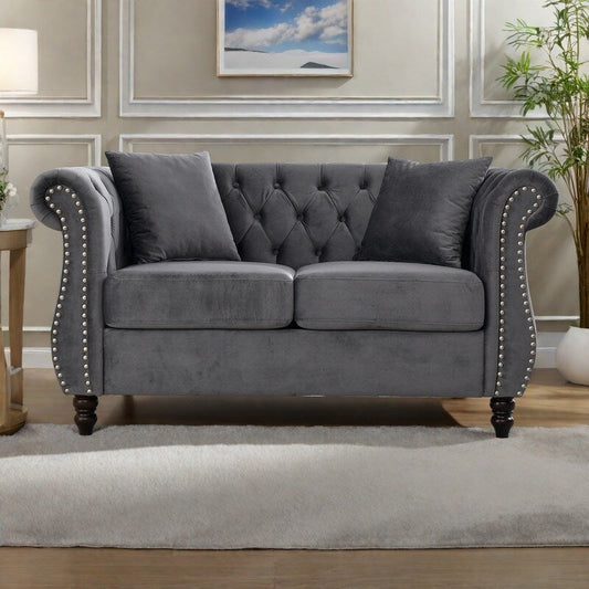 58.8 Velvet Chesterfield 2-Seater Sofa with Rolled Arms, Nailhead Trim, and 2 Pillows