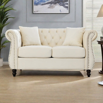 58.8 Velvet Chesterfield 2-Seater Sofa with Rolled Arms, Nailhead Trim, and 2 Pillows