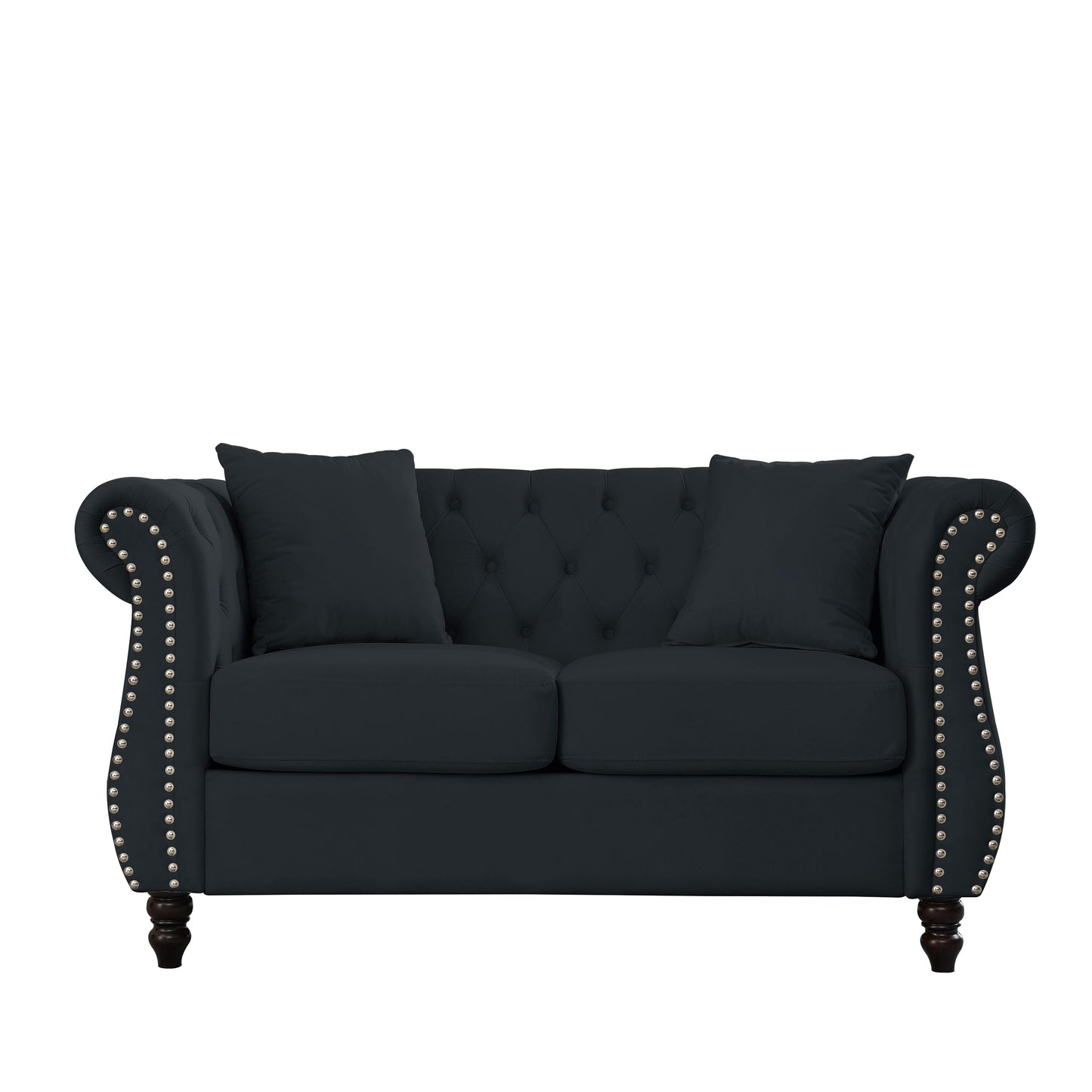 58.8 Velvet Chesterfield 2-Seater Sofa with Rolled Arms, Nailhead Trim, and 2 Pillows
