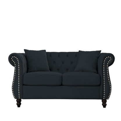58.8 Velvet Chesterfield 2-Seater Sofa with Rolled Arms, Nailhead Trim, and 2 Pillows