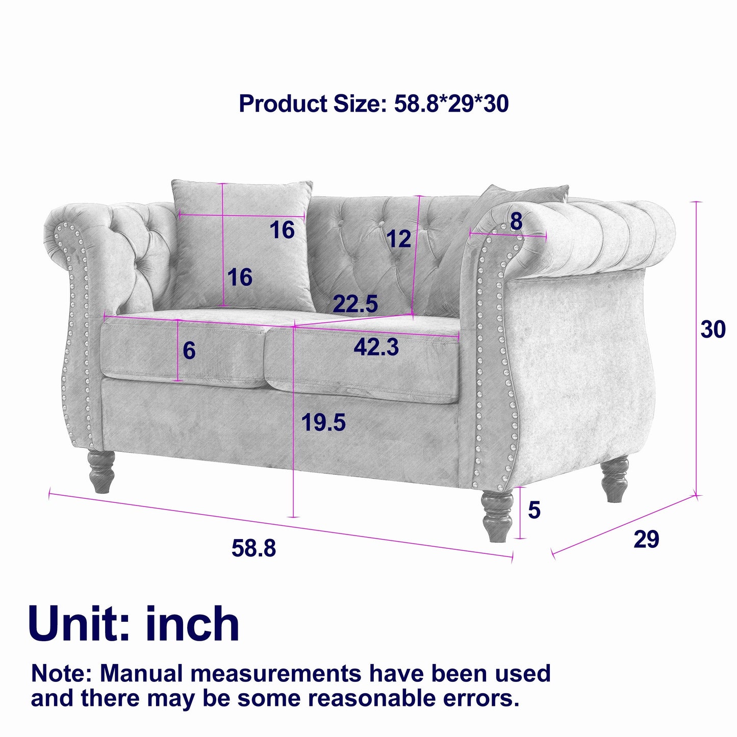 58.8 Velvet Chesterfield 2-Seater Sofa with Rolled Arms, Nailhead Trim, and 2 Pillows