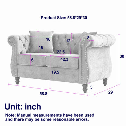 58.8 Velvet Chesterfield 2-Seater Sofa with Rolled Arms, Nailhead Trim, and 2 Pillows