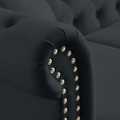 58.8 Velvet Chesterfield 2-Seater Sofa with Rolled Arms, Nailhead Trim, and 2 Pillows