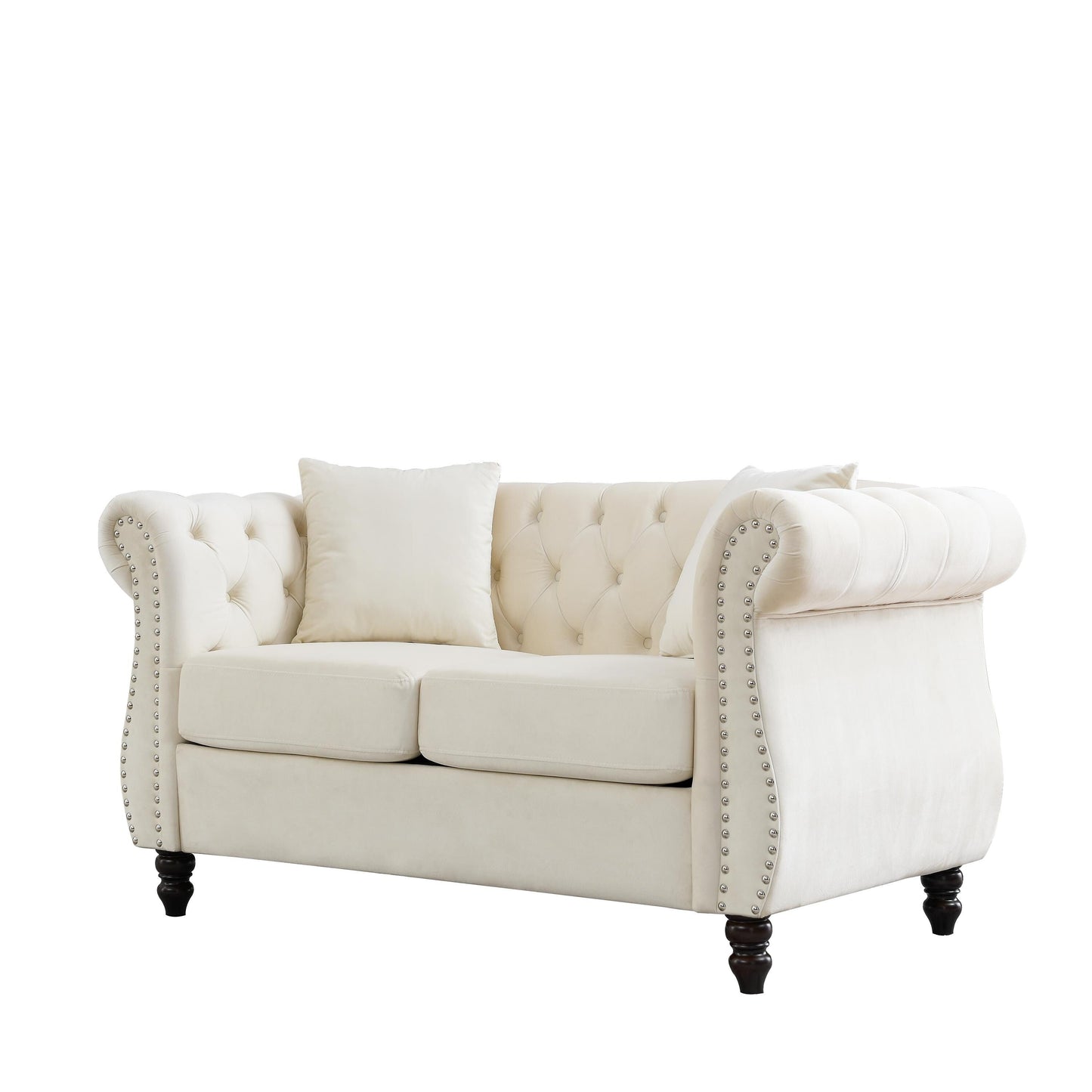 58.8 Velvet Chesterfield 2-Seater Sofa with Rolled Arms, Nailhead Trim, and 2 Pillows