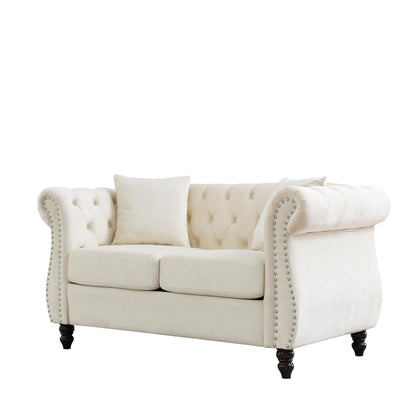 58.8 Velvet Chesterfield 2-Seater Sofa with Rolled Arms, Nailhead Trim, and 2 Pillows