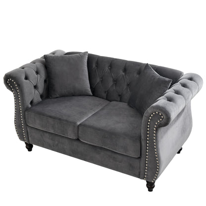 58.8 Velvet Chesterfield 2-Seater Sofa with Rolled Arms, Nailhead Trim, and 2 Pillows