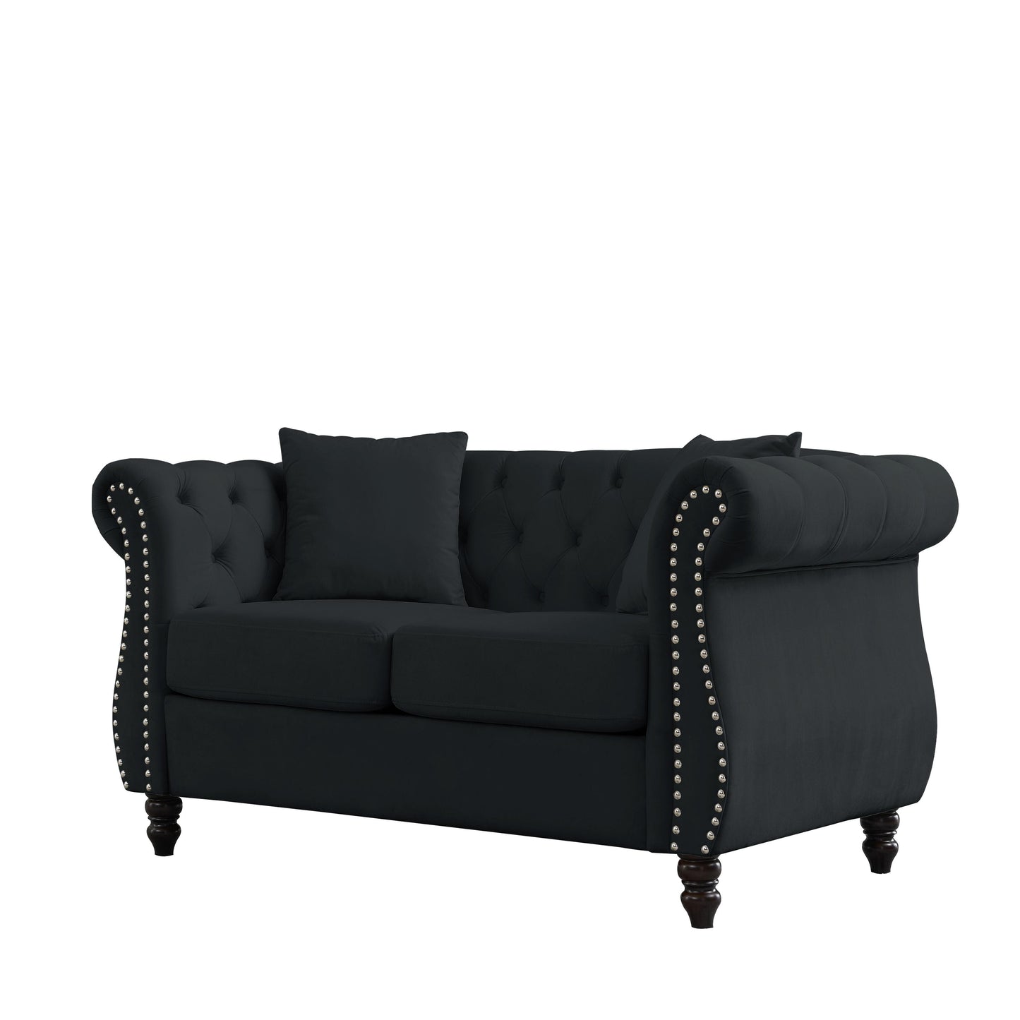 58.8 Velvet Chesterfield 2-Seater Sofa with Rolled Arms, Nailhead Trim, and 2 Pillows