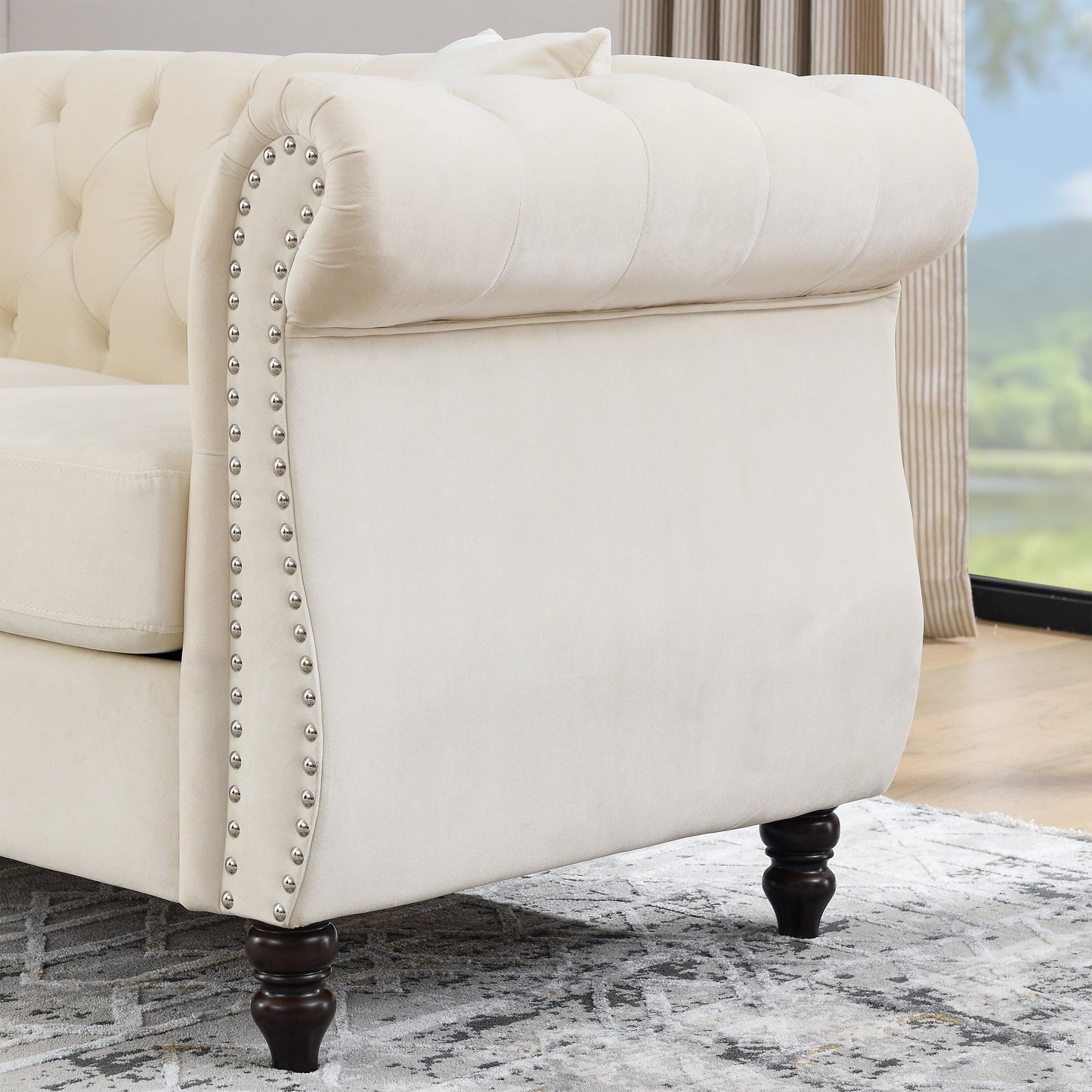 58.8 Velvet Chesterfield 2-Seater Sofa with Rolled Arms, Nailhead Trim, and 2 Pillows