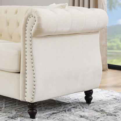 58.8 Velvet Chesterfield 2-Seater Sofa with Rolled Arms, Nailhead Trim, and 2 Pillows