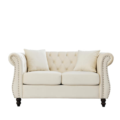 58.8 Velvet Chesterfield 2-Seater Sofa with Rolled Arms, Nailhead Trim, and 2 Pillows