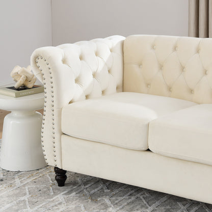 58.8 Velvet Chesterfield 2-Seater Sofa with Rolled Arms, Nailhead Trim, and 2 Pillows