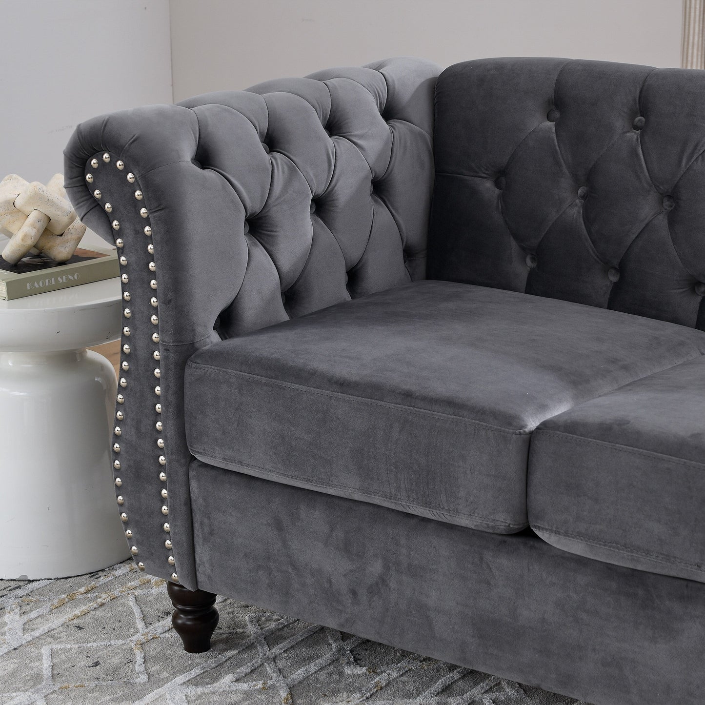 58.8 Velvet Chesterfield 2-Seater Sofa with Rolled Arms, Nailhead Trim, and 2 Pillows