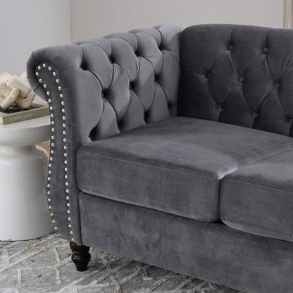 58.8 Velvet Chesterfield 2-Seater Sofa with Rolled Arms, Nailhead Trim, and 2 Pillows