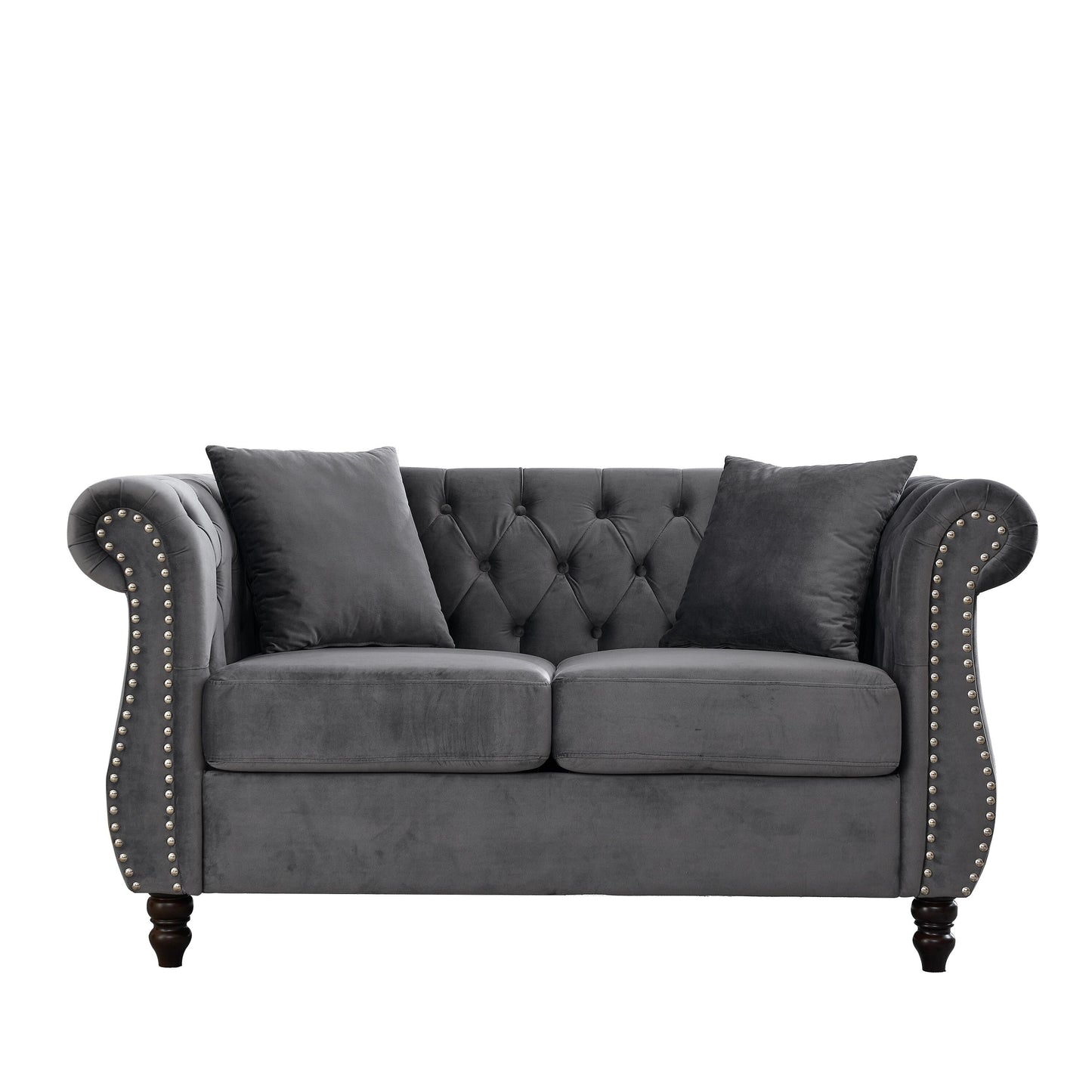58.8 Velvet Chesterfield 2-Seater Sofa with Rolled Arms, Nailhead Trim, and 2 Pillows