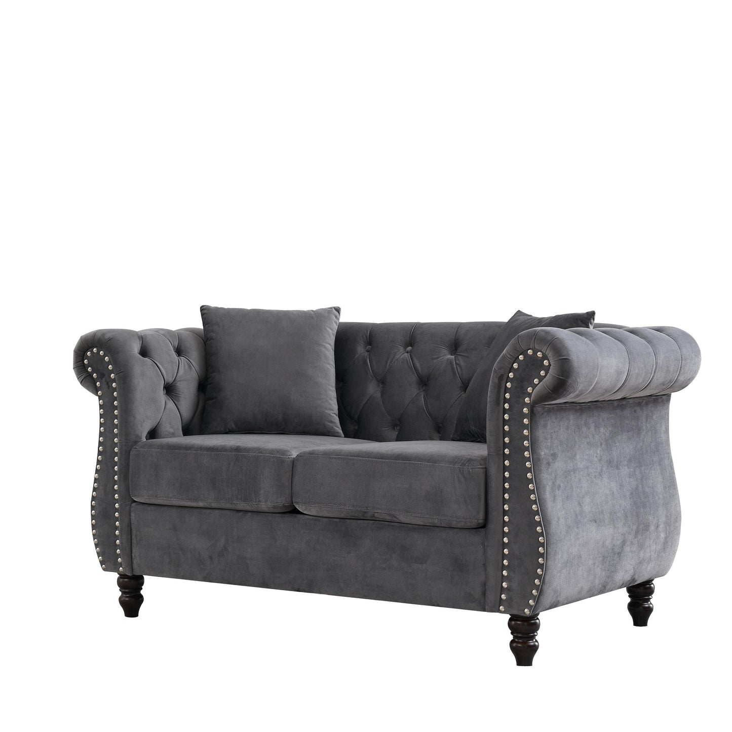 58.8 Velvet Chesterfield 2-Seater Sofa with Rolled Arms, Nailhead Trim, and 2 Pillows